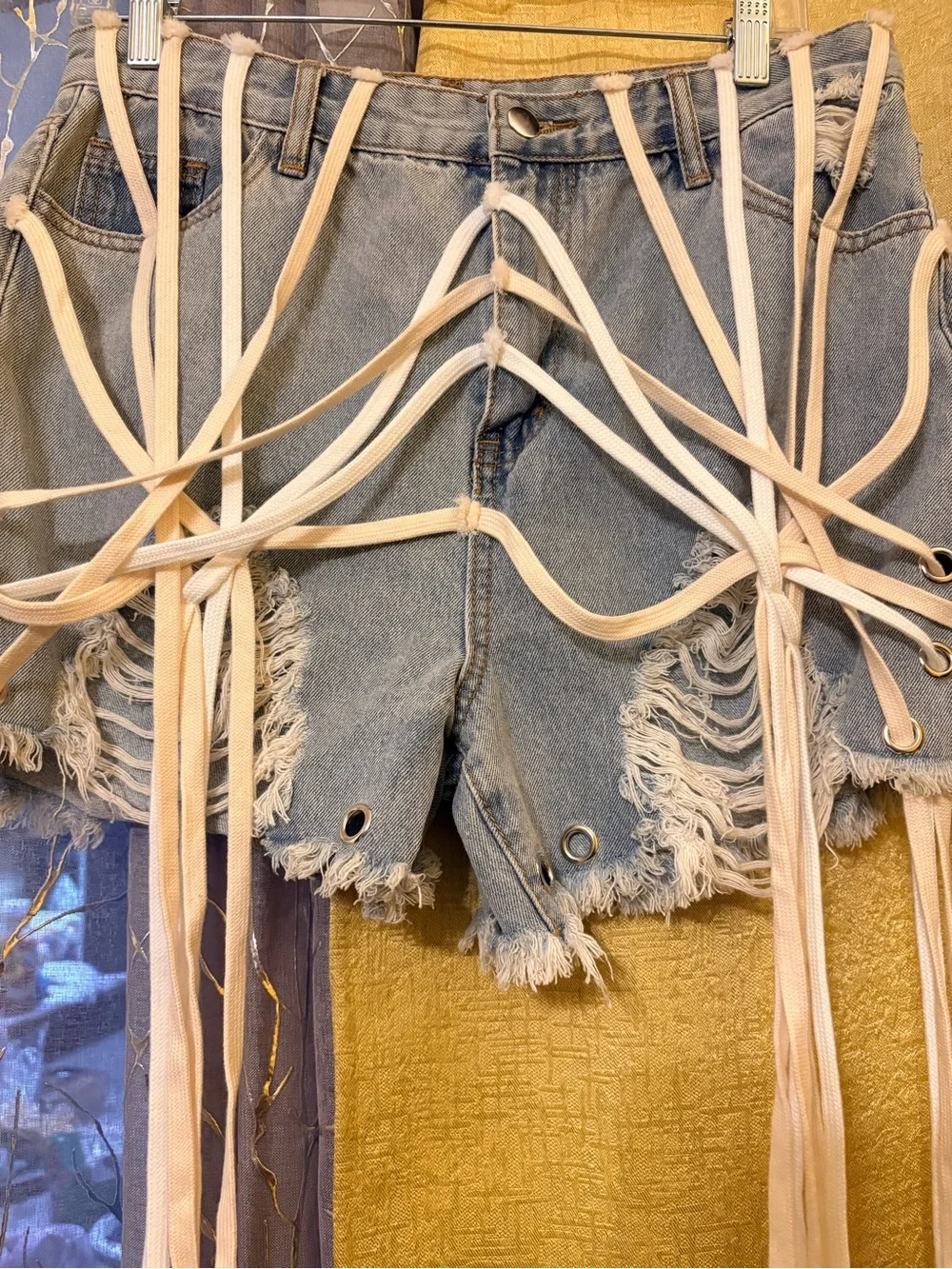 Denim Lace-Up Distressed Mini Skirt with Drawstring Details